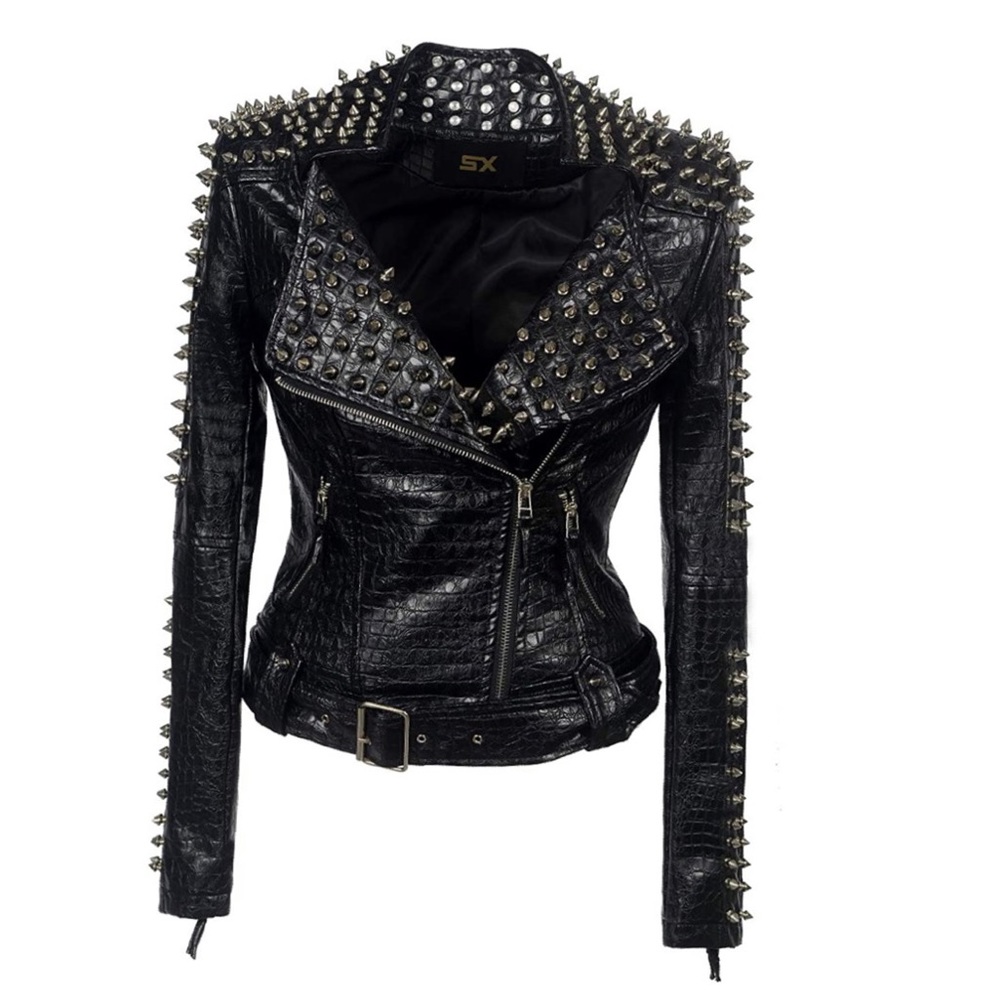 Croc Embossed Faux Leather Jacket Studded Rivet - Picture 1 of 9